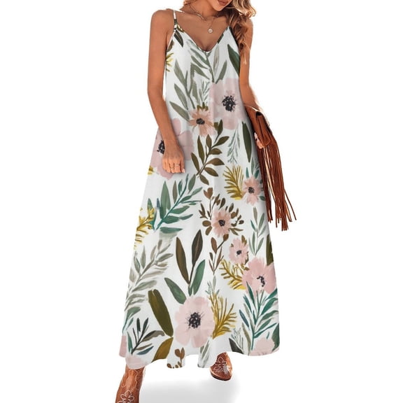 Pink Floral White Background Pattern Sleeveless Dress Women's Evening Dress Womans Clothing