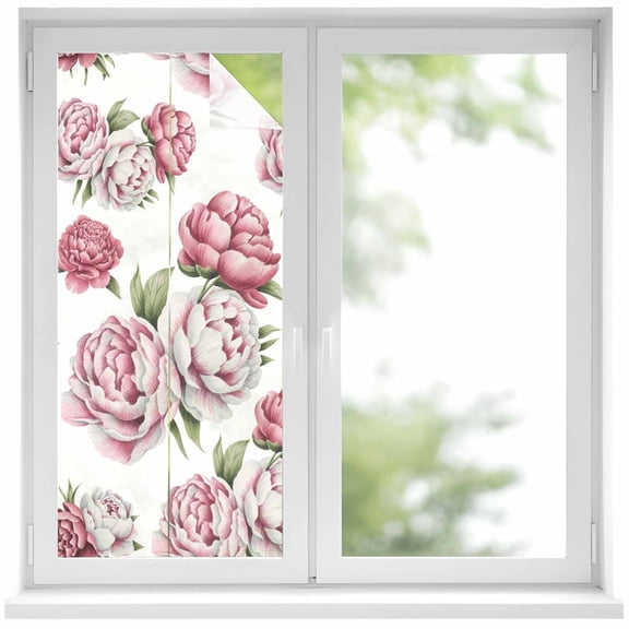 Pink Floral Window Privacy Film, Spring Summer Modern Flower Leaf Static Cling UV Sun Blocking Heat Control Window Tint Day and Night, Non-Adhesive One Way Windows Privacy Cover 17.7''x39.3''
