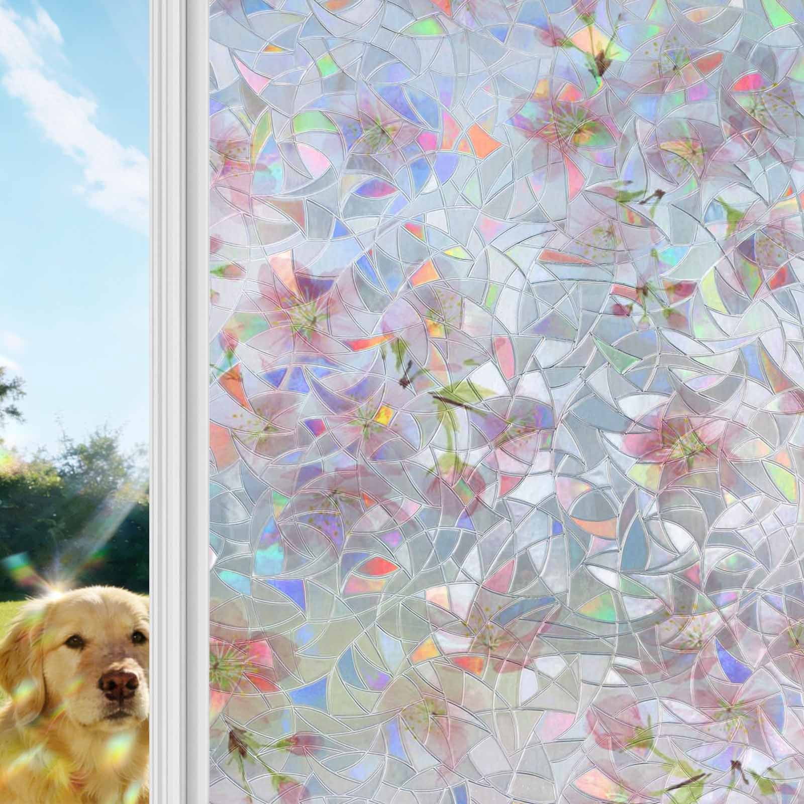 Pink Floral Window Privacy Film Stain Glass,Reusable Decorative Rainbow Window Film,Modern Farmhouse Aesthetic Shabby Chic Flower Static Cling Sun Blocking Stickers Decals Covers 23.6" x 59" (2pcs)