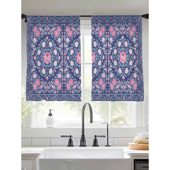 Pink Floral Window Sheer Curtain Garden Leaf Vine Wreaths Cobalt Blue Field Maximalist Semi Curtain Sheers Light Filtering Rod Pocket Voile Drapes for Bedroom Living Room 52 X 45 Inch, 2 Panels