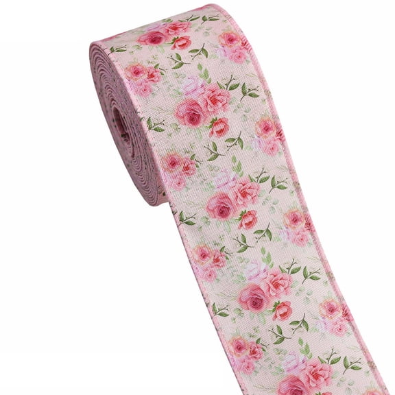 Pink Floral Wired Ribbon, Vintage Rose Flower Ribbon, for Bow Wreath Craft Gift Wrap Spring Summer Holiday Wedding Pink