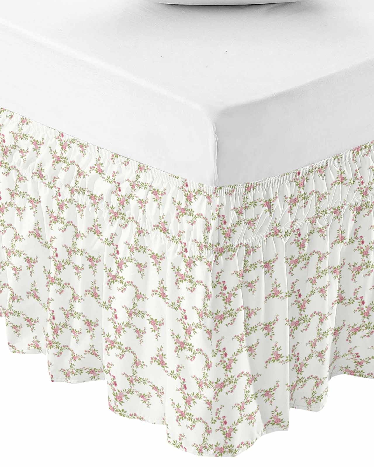 Pink Floral Wrap Around Bed Skirts for Queen Bed 18" Drop,Bed Skirt with Adjustable Elastic Belt Dust Ruffle Bed Valance for Bedroom Hotel Luxury Vintage Leaves Flowers Rustic Plants Bed Frame Cover