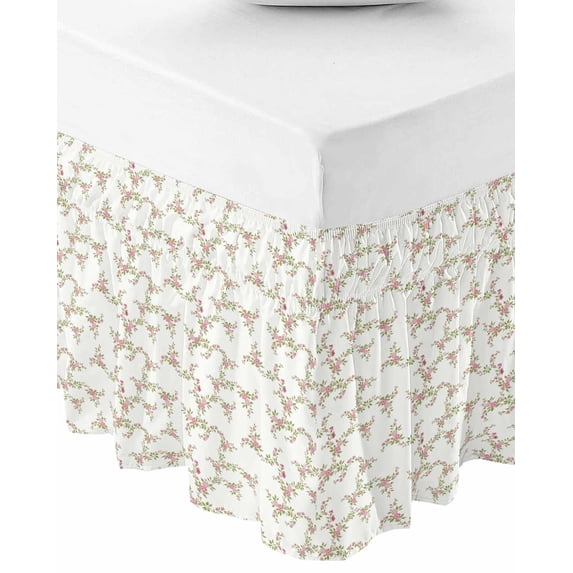 Pink Floral Wrap Around Bed Skirts for Queen Bed 18" Drop,Bed Skirt with Adjustable Elastic Belt Dust Ruffle Bed Valance for Bedroom Hotel Luxury Vintage Leaves Flowers Rustic Plants Bed Frame Cover