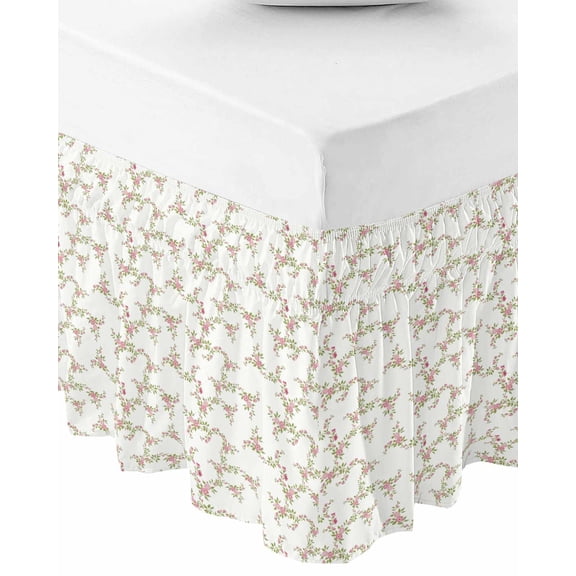 Pink Floral Wrap Around Bed Skirts for Queen Bed 18" Drop,Bed Skirt with Adjustable Elastic Belt Dust Ruffle Bed Valance for Bedroom Hotel Luxury Vintage Leaves Flowers Rustic Plants Bed Frame Cover