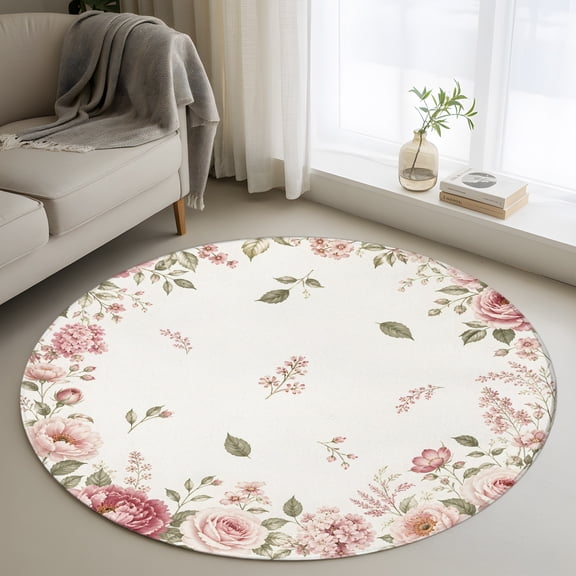 Pink Floral Wreath 4FT Round Area Rugs Romantic Roses Flower Elegant Soft Small Round Rug Non-Slip, Ultra-Thin Indoor Circle Carpet for Bedroom Entryway Kitchen Bathroom