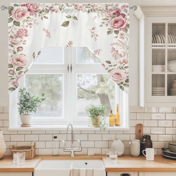 Pink Floral Wreath Swag Curtain Valance for Windows, Romantic Roses Flower Elegant Swag Curtains Drapes Rod Pocket for Kitchen Bathroom Small Window, 1 Panel 56x36in