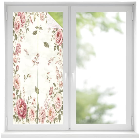 Pink Floral Wreath Window Privacy Film, Romantic Roses Flower Elegant Frosted Glass Window Clings Static Cling UV Heat Blocking Reusable Door Sticker for Bathroom 17.7 x 39.3 Inch
