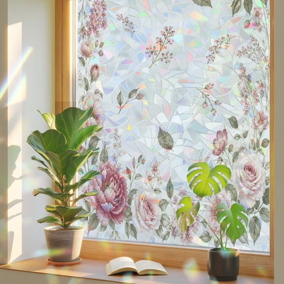 Pink Floral Wreath Window Privacy Film, Romantic Roses Flower Elegant Stained Glass Rainbow Film Decorative Window Clings, Static Cling Sun Blocking Stickers 17.7" x 39.3"