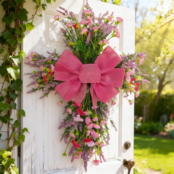 Pink Floral Wreath with Pink Bow, Plastic Spring Summer Garland, Decorative Accent for Home and Party, Pink
