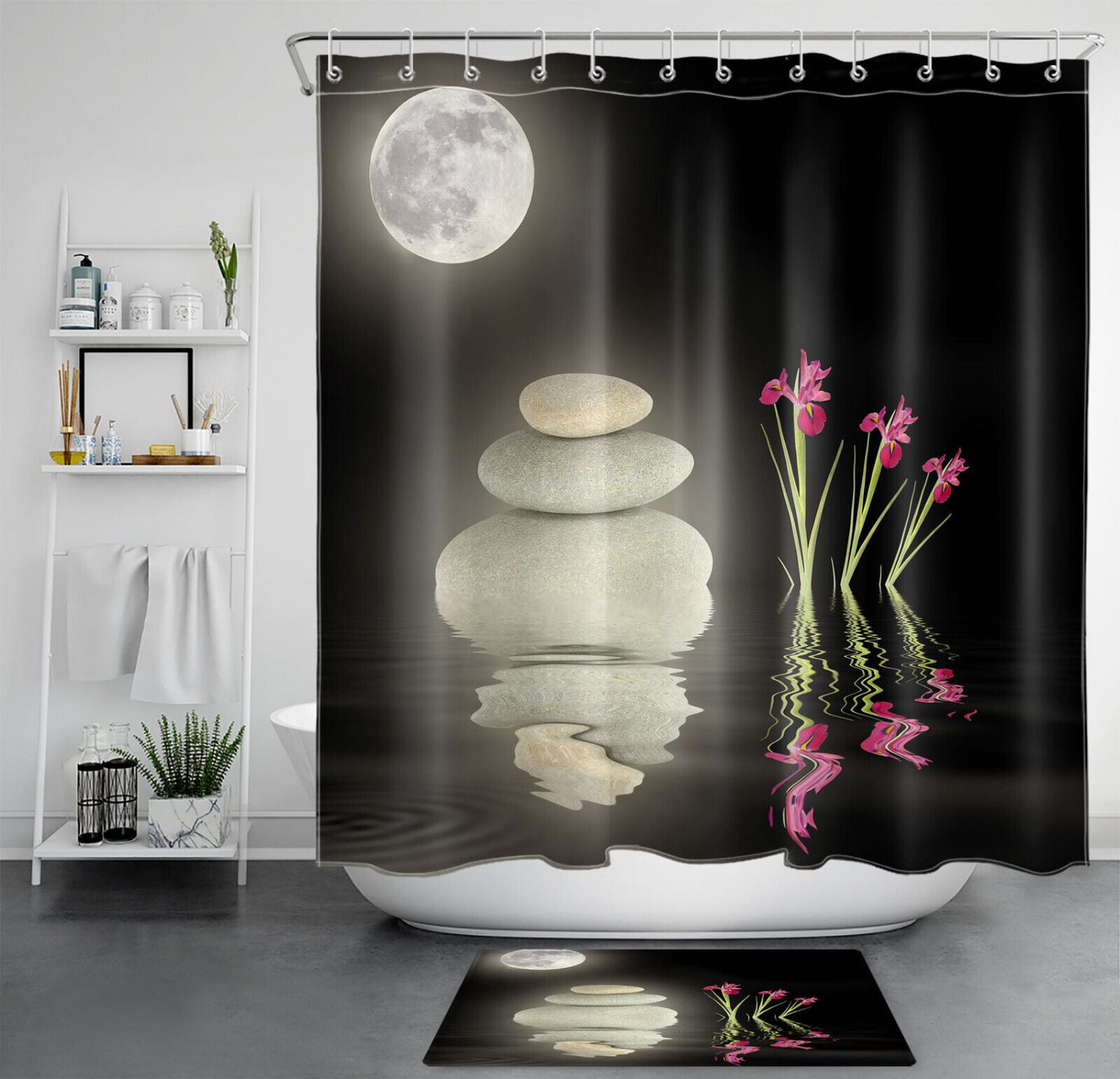 Pink Floral Zen Shower Curtain Set for Bathroom Decor with Full Moon