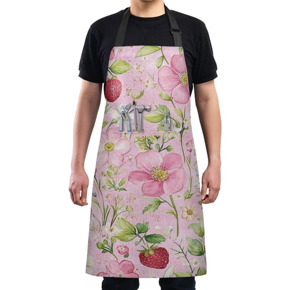 Pink Floral with Strawberries Chef Kitchen Apron with Pockets for Women Waterproof Aprons for Cooking Baking