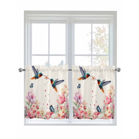 Pink Flower 2 Panel Kitchen Curtains for Small Windows, Spring Floral Butterflies Birds Elegant Farmhouse Bathroom Tier Curtain, Short Window Treatment for Bedroom/Living Room 55"x36"