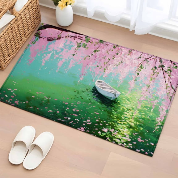 Pink Flower 2'x3' Rug for Entryway Front Door Kitchen Sink Area, Small Boat Oil Painting Lake Spring Plant Low Pile Non Slip Rectangle Area Rug, Machine Washable Indoor Outdoor Mat