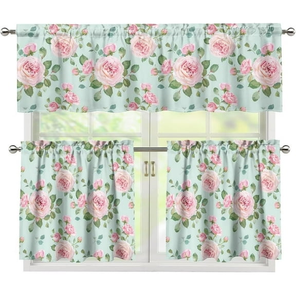 Pink Flower 3-Piece Kitchen Curtains Set - Machine Washable Rod Pocket Valance + Tiers (54"x18" + 2x27.5"x24"), Farmhouse Decor