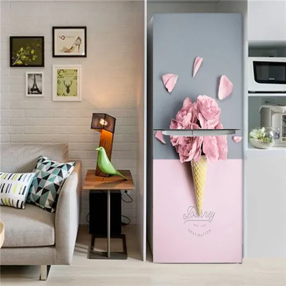 Pink Flower 3D Refrigerator Stickers for Kitchen Fridge Full Door Cover Wallpaper Freezer Wrap Vinyl Film r Murals