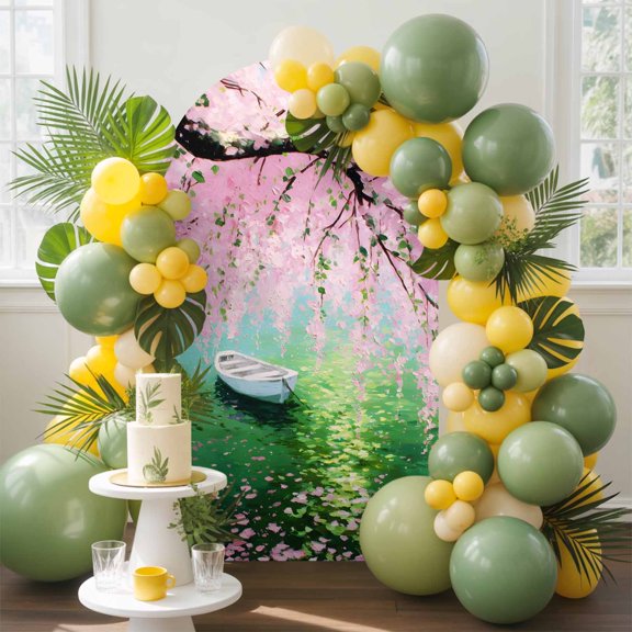 Pink Flower Arch Backdrop Cover, 4FT, Small Boat Oil Painting Lake Spring Plant Spandex Arch Covers Double-Sided Backdrop for Wedding Birthday Party Photo Background Decoration