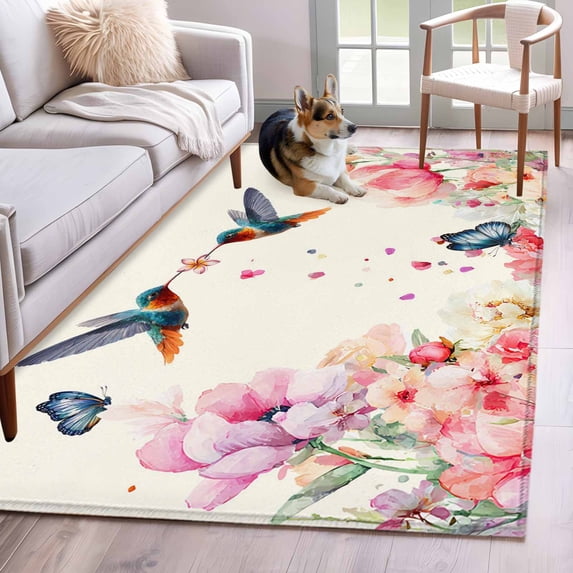 Pink Flower Area Rugs 2.7'x5', Small Throw Rugs for Kitchen Bedroom, Spring Floral Butterflies Birds Elegant Farmhouse Indoor Outdoor Rug Non-Slip Low Pile Carpet Runner Reversible Floor Mats