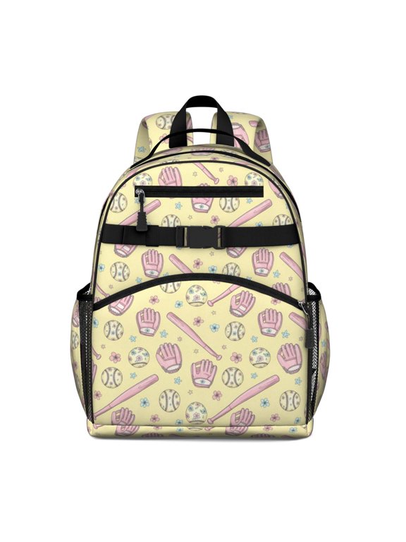 Pink Flower Baseball Pattern Cute School Backpack Bag for School with Padded Back and Adjustable Shoulder Straps 15.25"x11.5"x5.25"