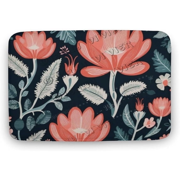 Pink Flower Bath Mat Floral Green Leaf Non Slip Bathroom Decor Mat Water Absorbent Foam Bath Mat Indoor Decor for Bedroom Living Room Kitchen Bathtub Shower Sink Decor 15.7"x23.6"