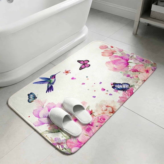 Pink Flower Bathroom Rugs Non Slip Washable Bath Mat Absorbent Front Door Mat Spring Floral Butterflies Elegant Pastoral Birds Indoor Doormat for Kitchen Entryway Shower Decor Accessories 15.7"x23.6"
