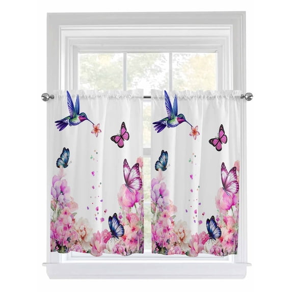 Pink Flower Bathroom Window Curtain, Spring Floral Butterflies Elegant Pastoral Birds Light Filtering Coffee Kitchen Curtains, Bedroom Living Room Curtains 2 Panel 84"x45"