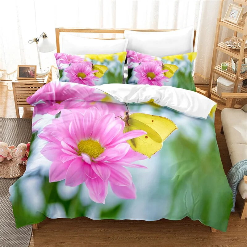 Pink Floral Bedding Set Twin Size - Botanical Flower Comforter With Pillow Sham, 2-Piece Quilt Set