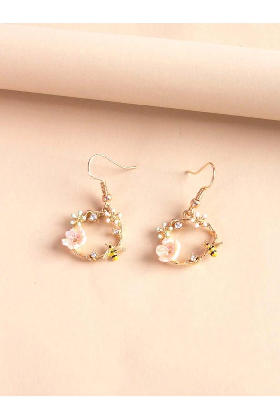 Pink Flower Bee Floral Drop Earrings With Cubic Zirconia Goldtone