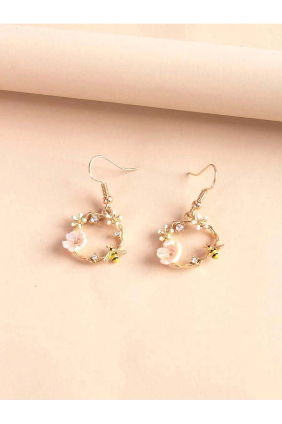 Pink Flower Bee Floral Drop Earrings With Cubic Zirconia Goldtone