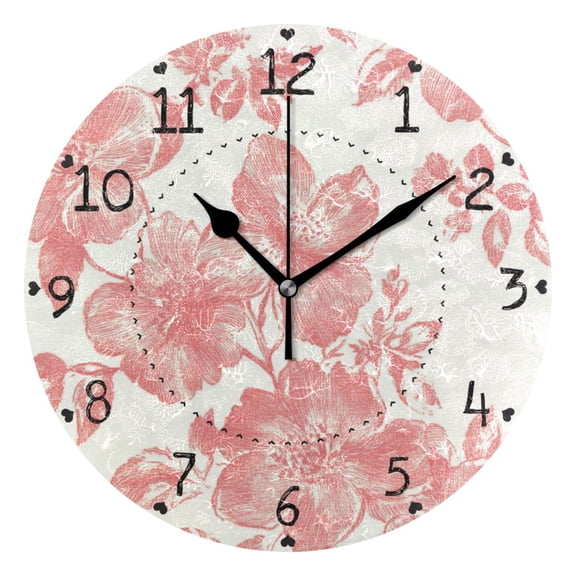 Pink Flower Beige Background Round Wall Clock Silent Battery Operated Home Decor for Living Room Bedroom