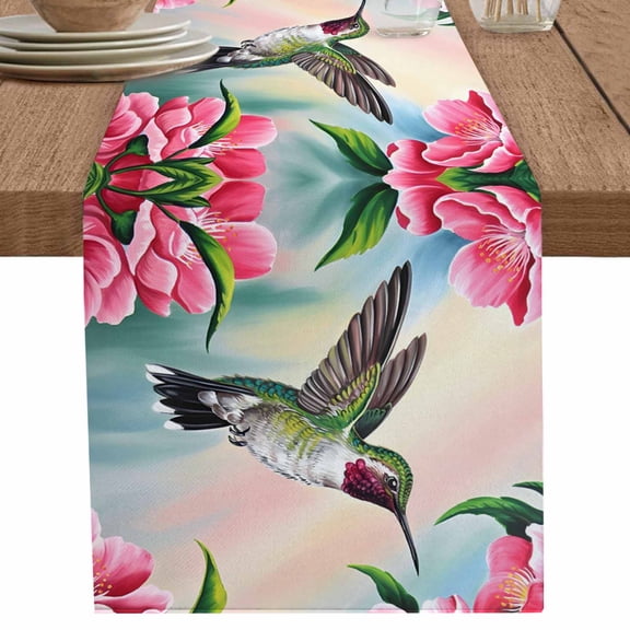 Pink Flower Bird Flying Green Leaves Table Runner-36 Inch Long Blue Sky Floral Table Runners Linen Burlap Tablerunner for Kitchen Dining Room Holiday Party