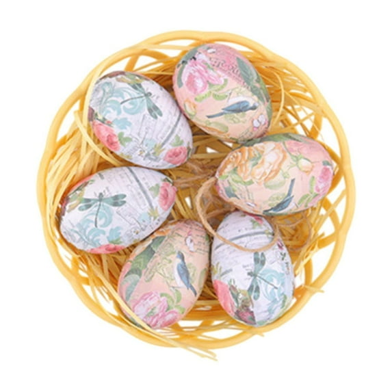 Pink Flower Bird Printing Easter Hanging Eggs, 6Pack+1Basket Classics Easter Tree Hanging & Basket Ornaments for Party Spring Home Garden Decoration(2.4"x1.6")