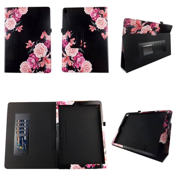 Pink Flower Black Case for iPad Pro 12.9 Fit Both 2nd Gen 2017 / 1st Gen 2015 Premium Pu Leather Slim Folio Stand Cover w Stylus Holder and Auto Wake / Sleep