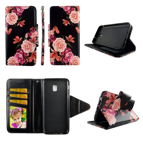 Pink Flower Black Wallet Case for Samsung Galaxy J7 (2018) / J7 Refine / J7 V 2nd Gen / J7 Star Folio Standing Cover Card Slot Money Pocket Magnetic Closure Fashion Flip Pu Leather