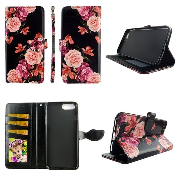 Pink Flower Black Wallet Case for iPhone 6 / 6s / 7 / 8 Folio Standing Cover Card Slot Money Pocket Magnetic Closure Fashion Flip Pu Leather