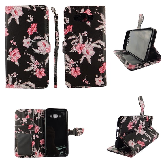 Pink Flower Black Wallet Folio Case for Samsung Galaxy J7 2016 Fashion Flip PU Leather Cover Card Cash Slots & Stand