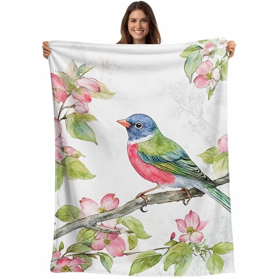 Pink Flower Blanket Soft Cozy Warm Throw Blanket for Couch, Plush Fuzzy Flannel Fleece Blankets for Sofa, Green Leaf Birds Vintage Painting Spring Bed Blankets Lightweight Gifts for Women, 50"x80"
