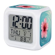 Pink Flower Blooming Digital Alarm Clock for Bedrooms,Smart LED Alarm Clock with 7 Color Changing Night Light,Summer Coastal Waves Simple Blue Silent Wake Up Clocks for Sleep Study Cooking 3.2"x3.2"