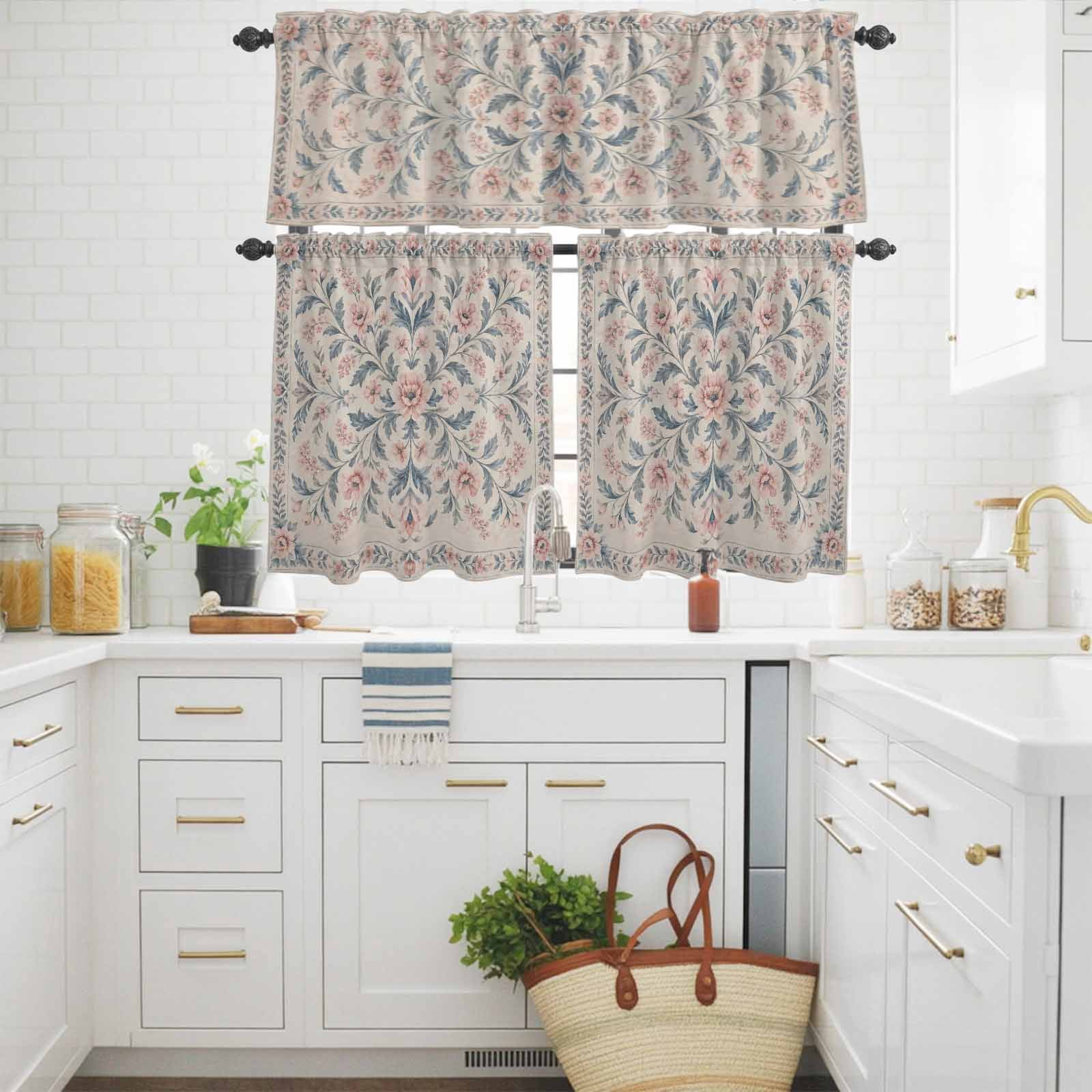 Pink Flower Blue Leaf Curtain Tier and Valance Set 3 Piece,Boho ...