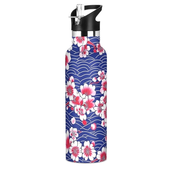 Pink Flower Blue Wave 20oz Vacuum Insulated Stainless Steel Water Bottle BPA-Free Leak Proof Straw Lid