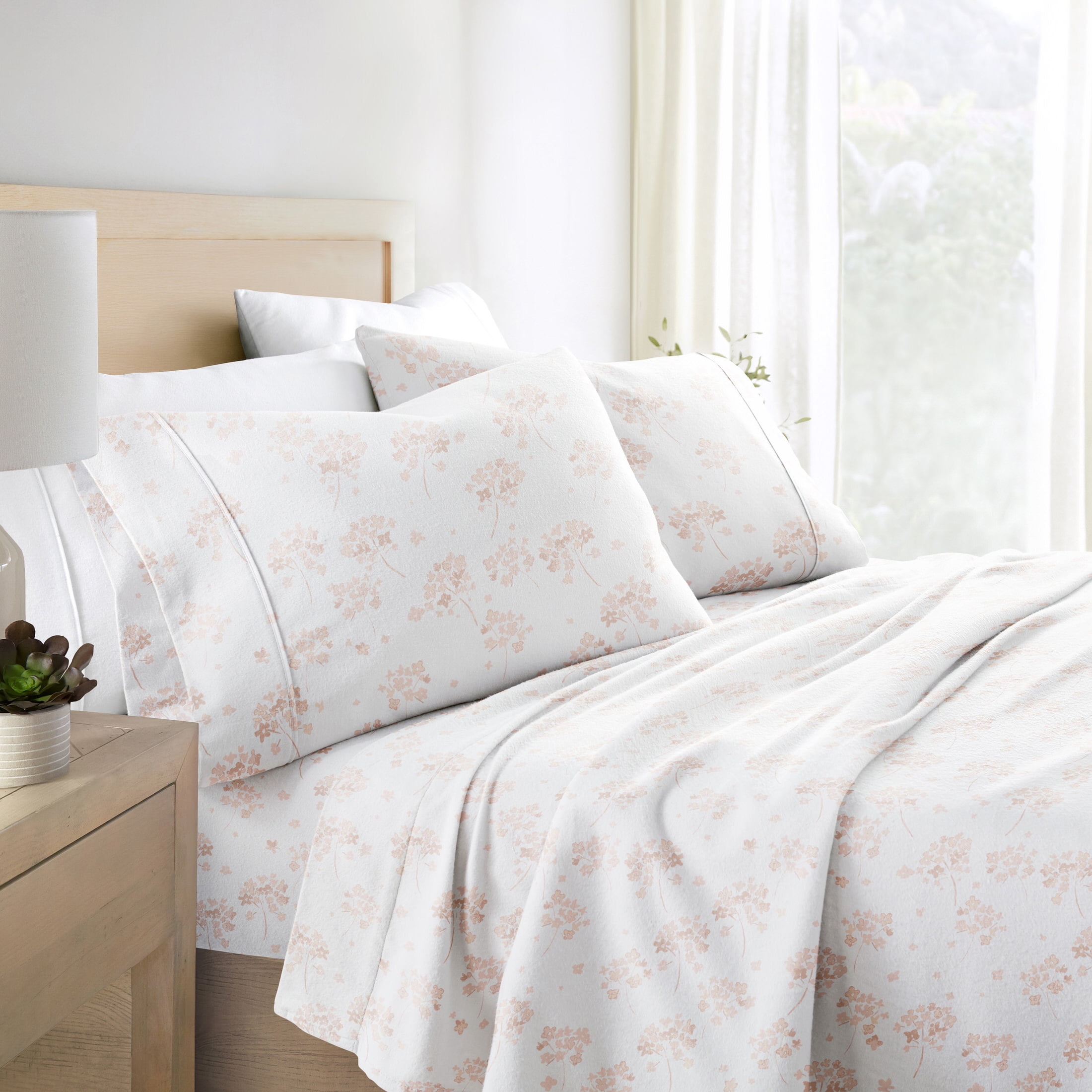 Queen Pink Floral Cotton Flannel Sheet Set