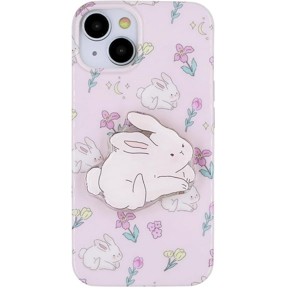 Pink Flower Bunny Phone Case for iPhone 13 Pro Max, Cute Korea 3D Rabbit Tulip Floral Cartoon Case with Rabbit Hold Stand for Women Girls