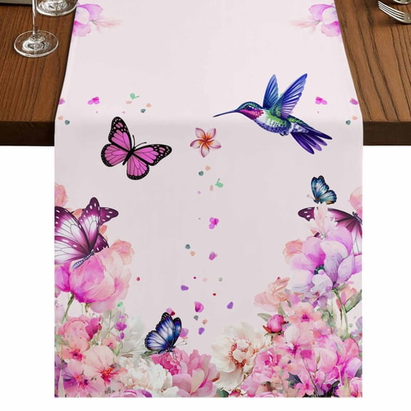 Pink Flower Burlap Cotton Table Runner 13x36 Inches Short, Spring Floral Butterflies Birds Elegant Pastoral Farmhouse Table Runners, Outdoor Dining Tablecloths Decor for Baby Shower/Party/Wedding