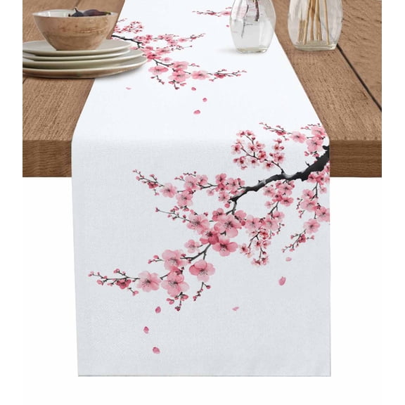 Pink Flower Burlap Cotton Table Runner 13x48 Inches Long, Spring Summer Botanical Floral Branches Farmhouse Table Runners, Outdoor Dining Tablecloths Decor for Baby Shower/Party/Wedding