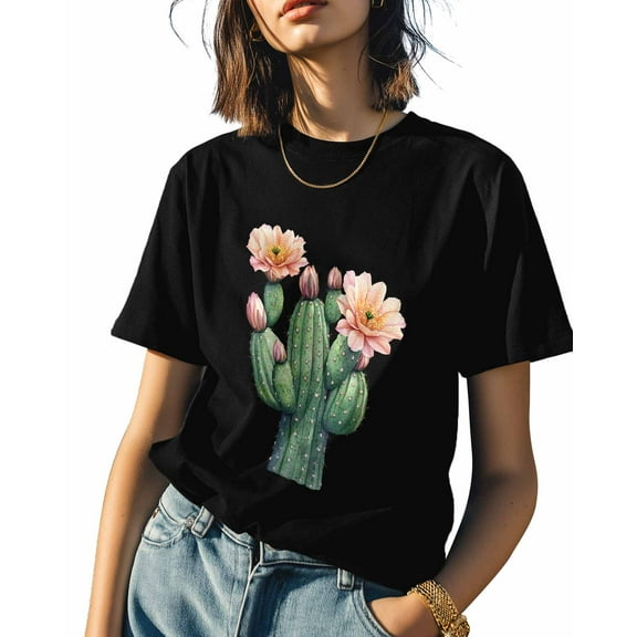 Pink Flower Cactus Womens Tshirt Graphic Tees Cotton Crew Neck T-Shirts, Casual Short Sleeve Shirts for Women Teen Girl Cartoon Style