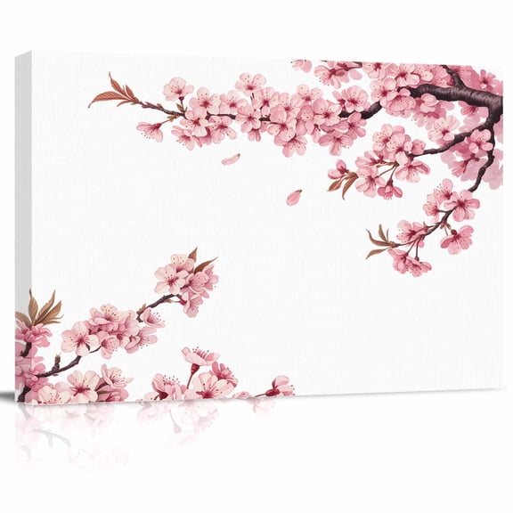 Pink Flower Canvas Print Wall Art Watercolor Spring Pink Cherry Blossoms Floral Branch Plant Pictures Painting Morden Artwork for Living Room Bedroom, Ready to Hang - 12"x16"