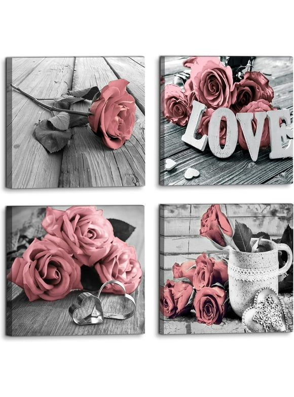 Pink Flower Canvas Wall Art Black and White Rose Wall Decor for Living Room Love Sign Romantic Prints Pictures Rustic Gray Paintings Kitchen Bathroom Ornament Artwork Home Decorations 14x14” 4Pcs