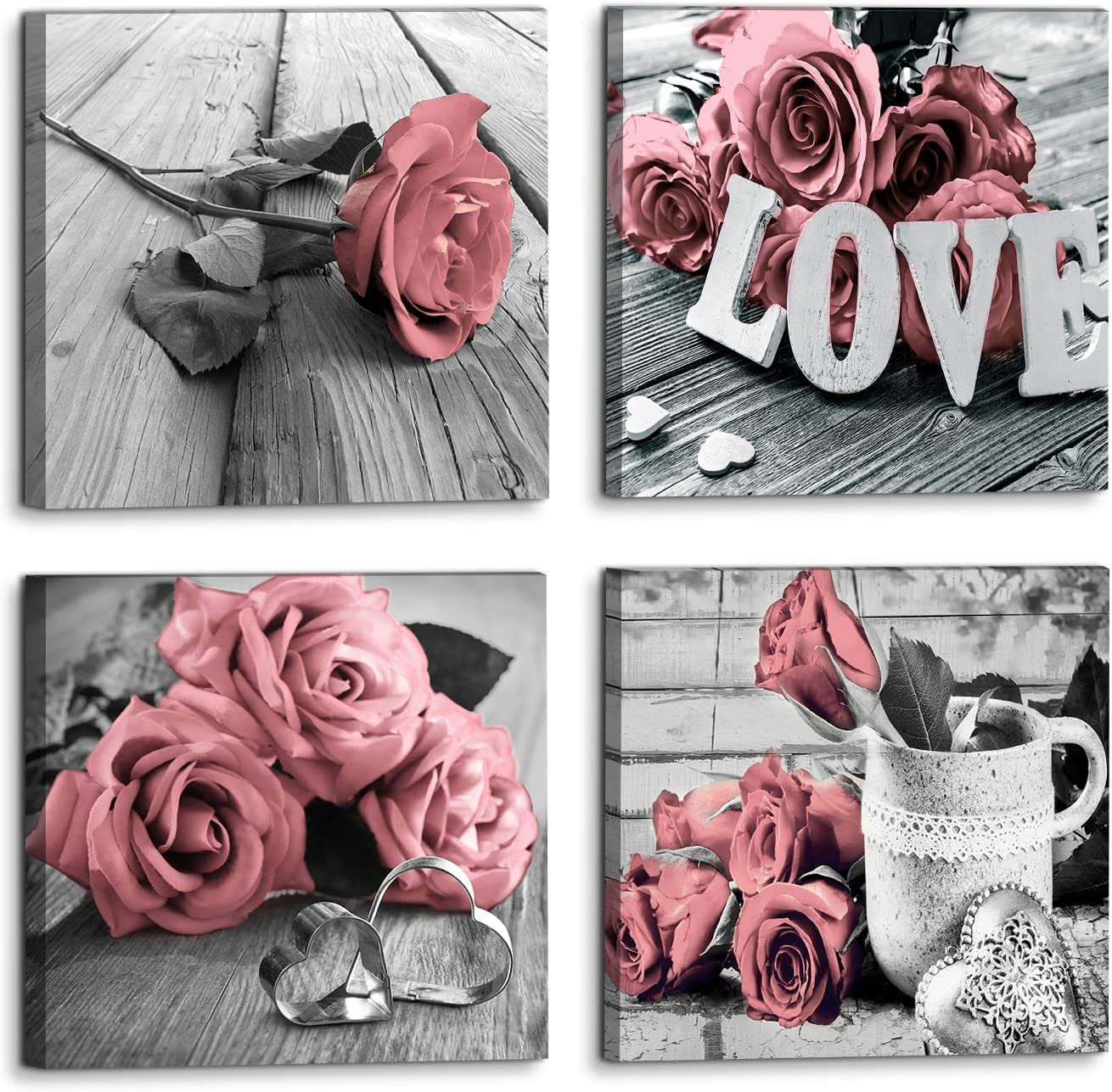 Pink Flower Canvas Wall Art Black and White Rose Wall Decor for Living