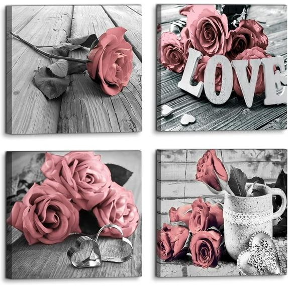 Pink Flower Canvas Wall Art Black and White Rose Wall Decor for Living Room Love Sign Romantic Prints Pictures Rustic Gray Paintings Kitchen Bathroom Ornament Artwork Home Decorations 14x14” 4Pcs