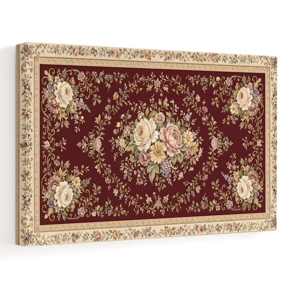 Pink Flower Canvas Wall Art, Classical Beige Floral Vine Art Prints Burgundy Backdop Wall Art Prints Artwork Framed Canvas Ready to Hang Art Pictures for Bedroom Living Room Closet Kitchen 16" x 12"
