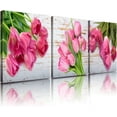 thumbnail image 1 of Pink Flower Canvas Wall Art Decor Tulip Floral Prints Framed Pictures for Women''s Bedroom Bathroom 16x16 Inch 3 Panels Modern Flower Close Up Painting Artwork Office Living Room Home Decoration, 1 of 6